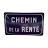 Ancienne plaque de rue émaillée et bombée "chemin de la rente", en parfait état, sur son support en fonte