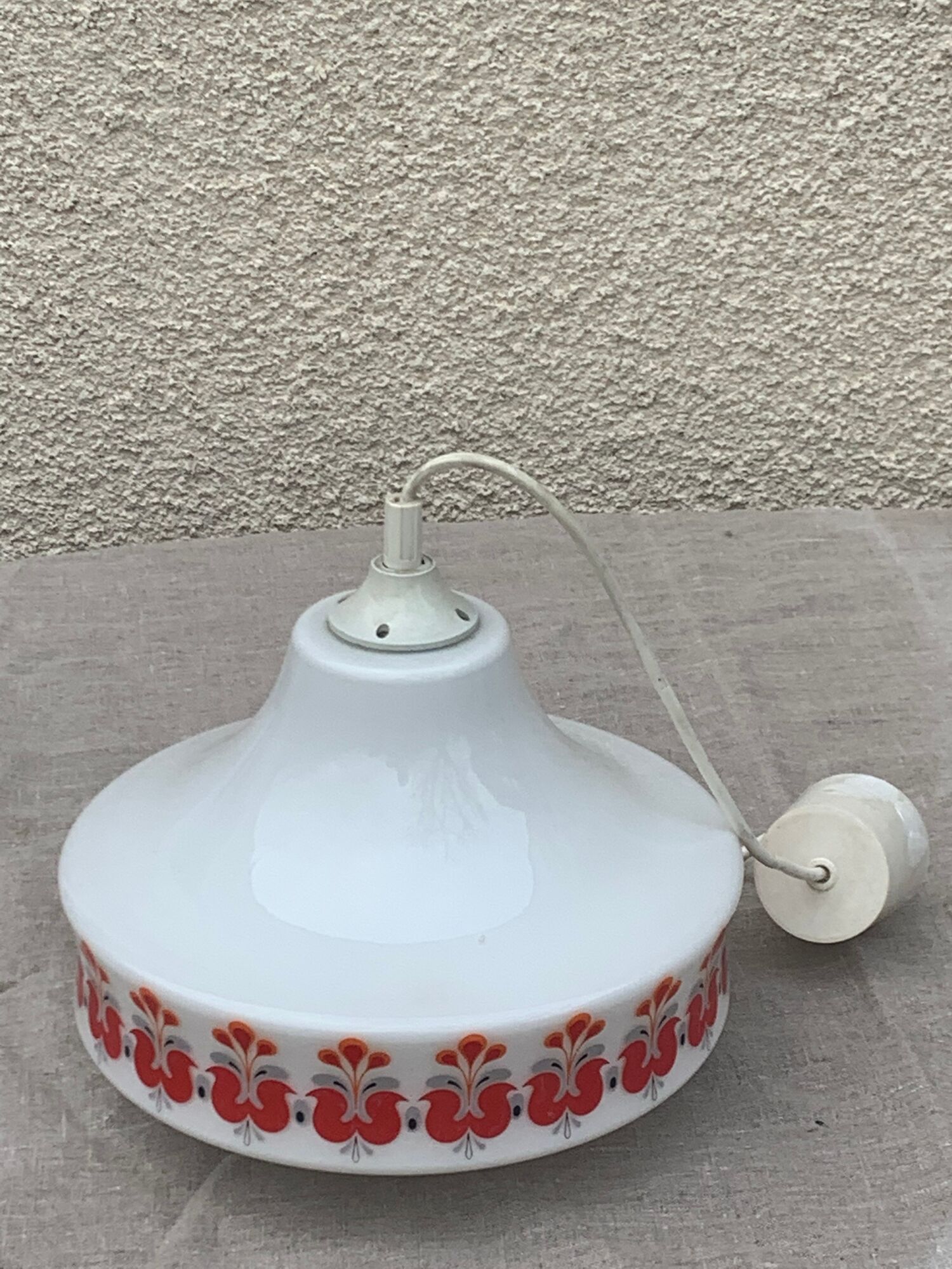 Pendant lamp, white opaline globe with a vintage red design floral pattern 1970