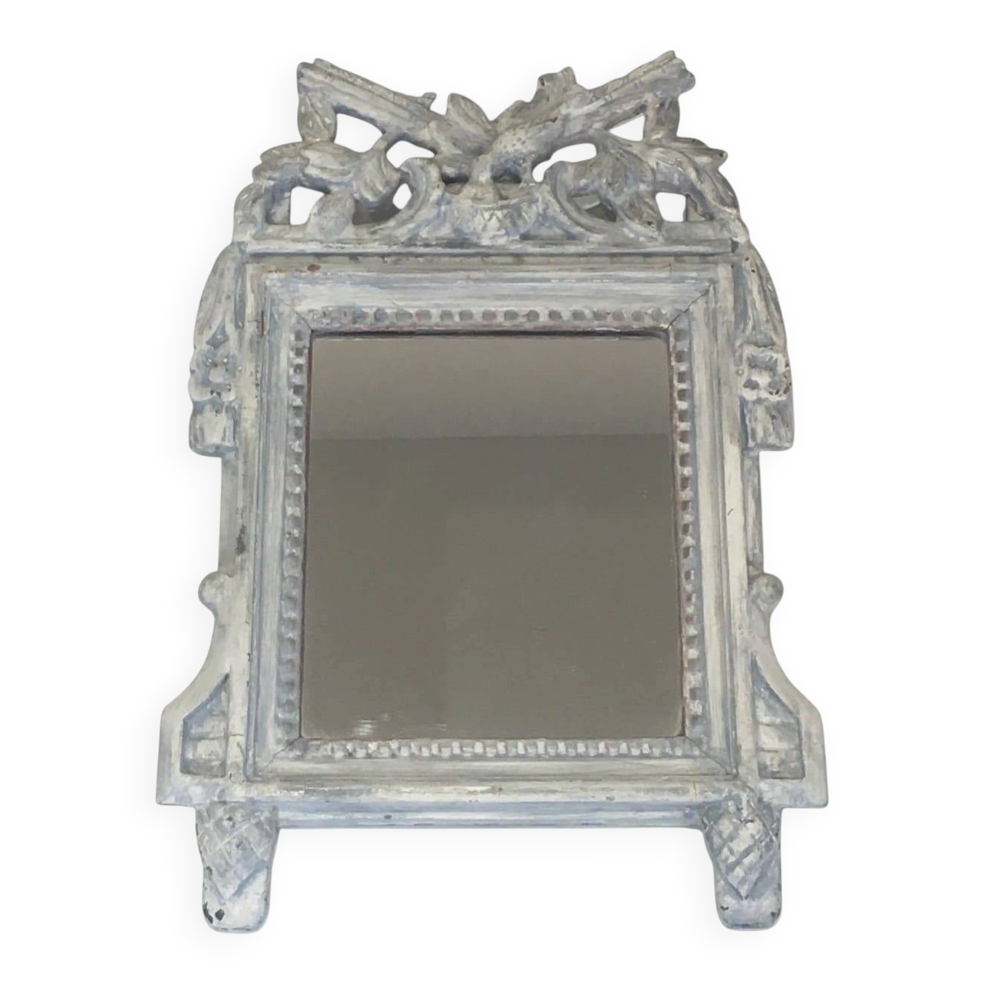 Louis XVI Style Mirror in Carved Wood with Grey Patina and Dove Pediment