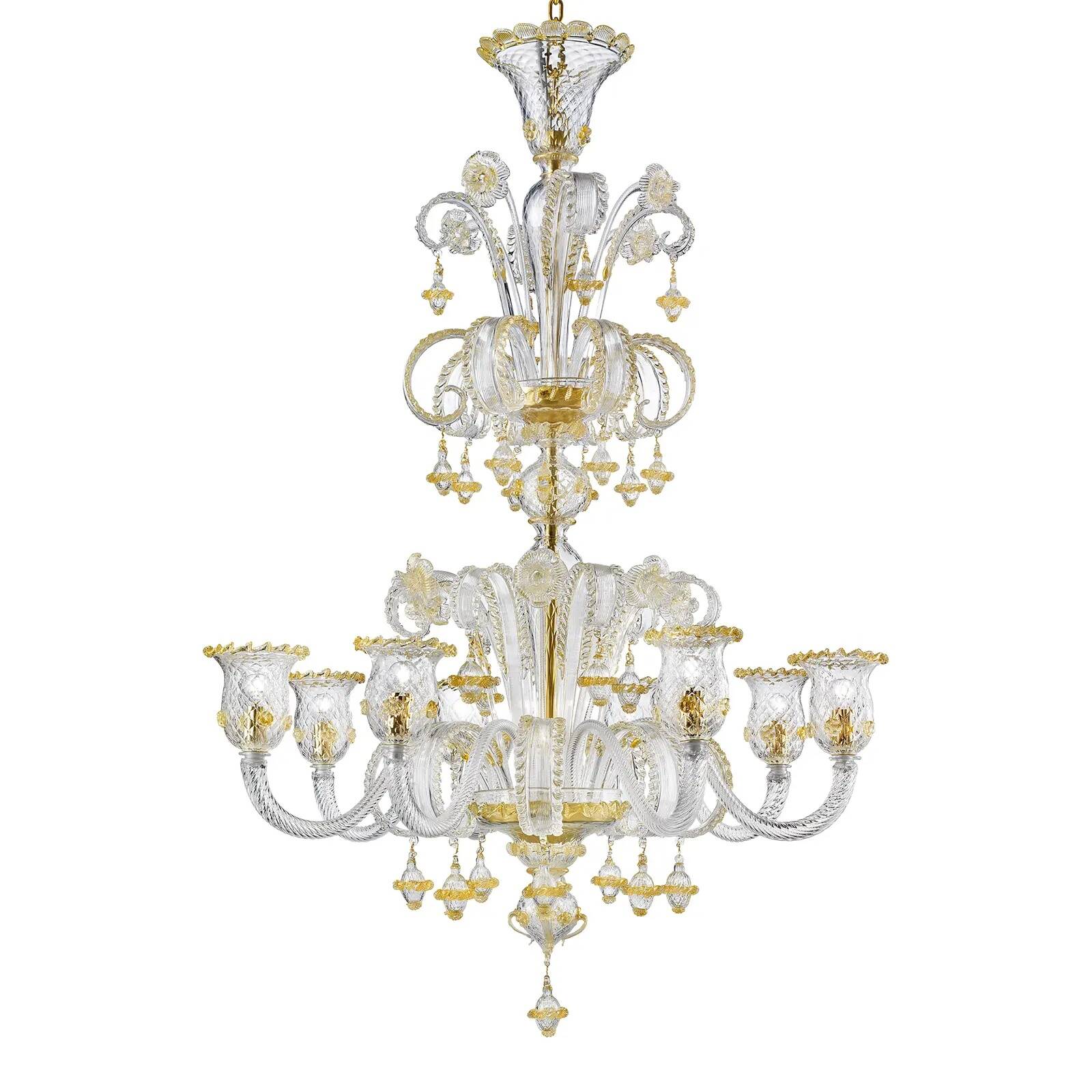 Ornate Murano Glass Rigadin Chandelier with Refined Gold Trimming
