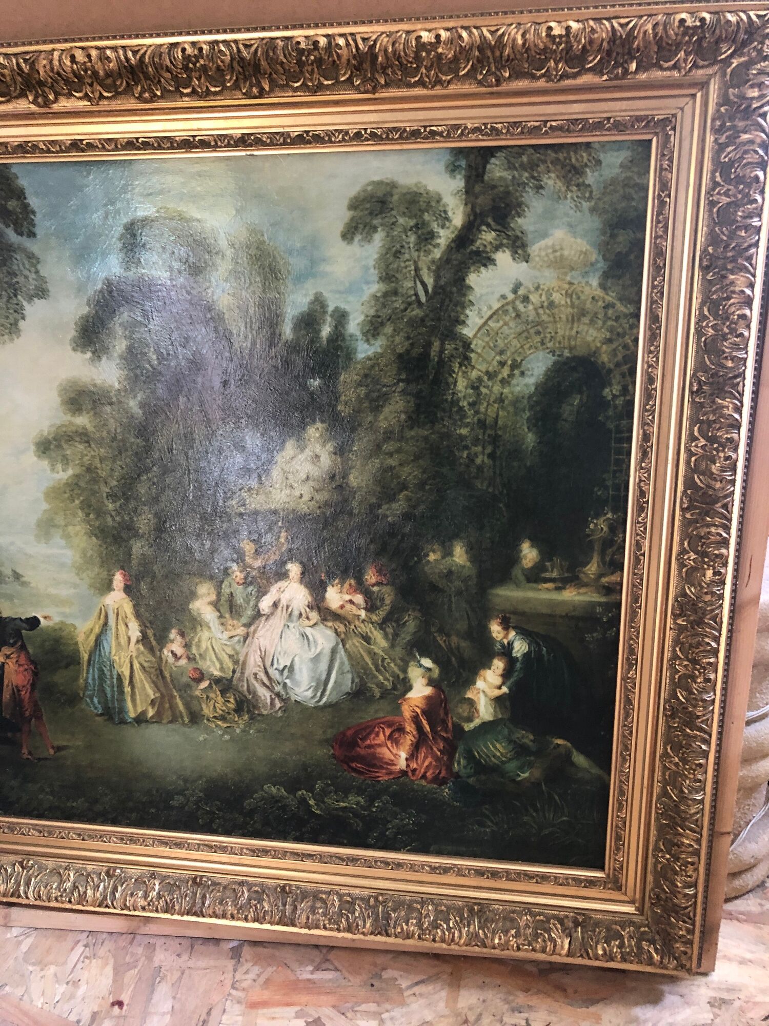 Old painting print on canvas + frame carved wood Gilded Vintage #2