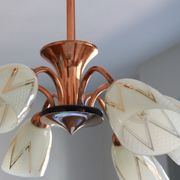 Chandelier copper tulip golden glass and white patterns 6 lights old vintage luminaire restored