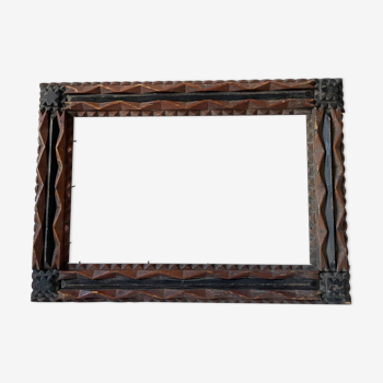 Antique Wooden Frame with geometric carvings light distress