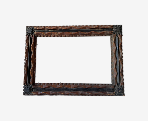 Antique Wooden Frame with geometric carvings light distress