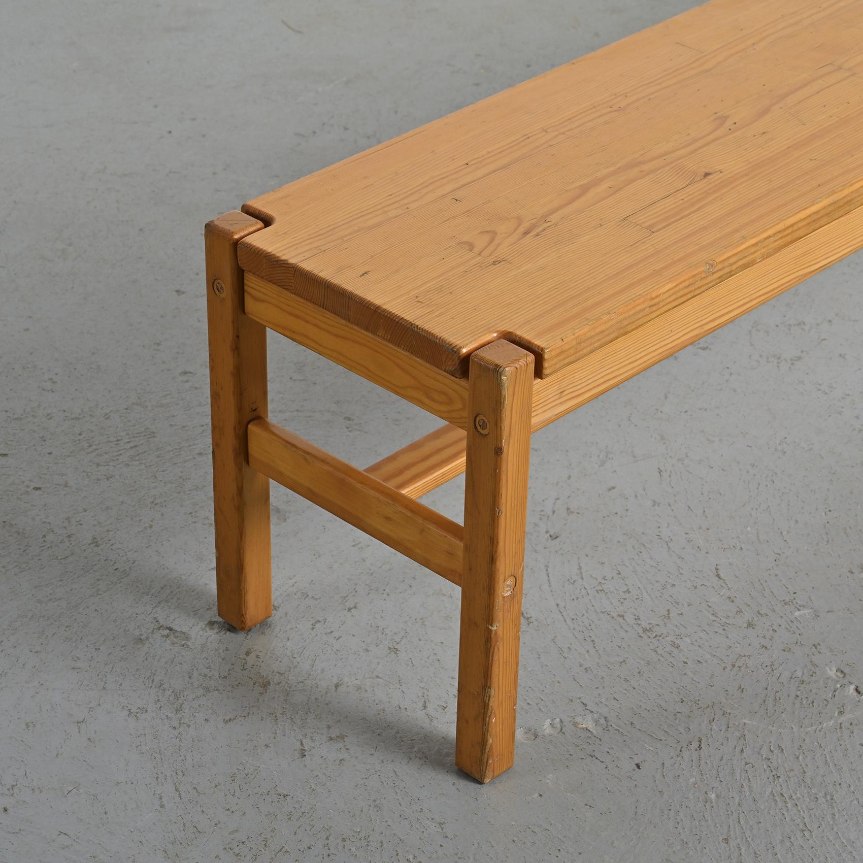Table and two benches set in solid elm, France, circa 1980