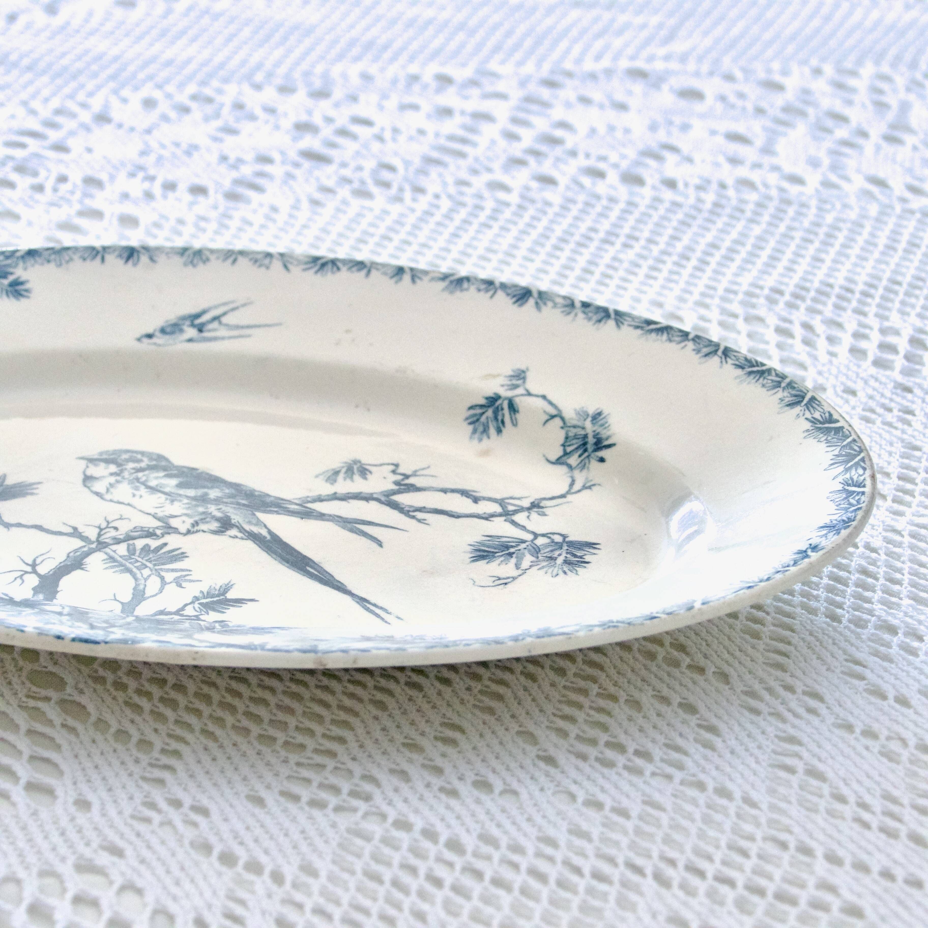 Oval dish 19th century Gien iron earth "Provençal" birds swallows