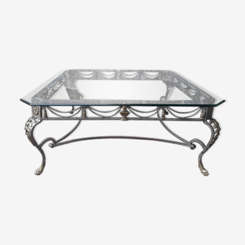 Large coffee table, wrought iron footing glass tray