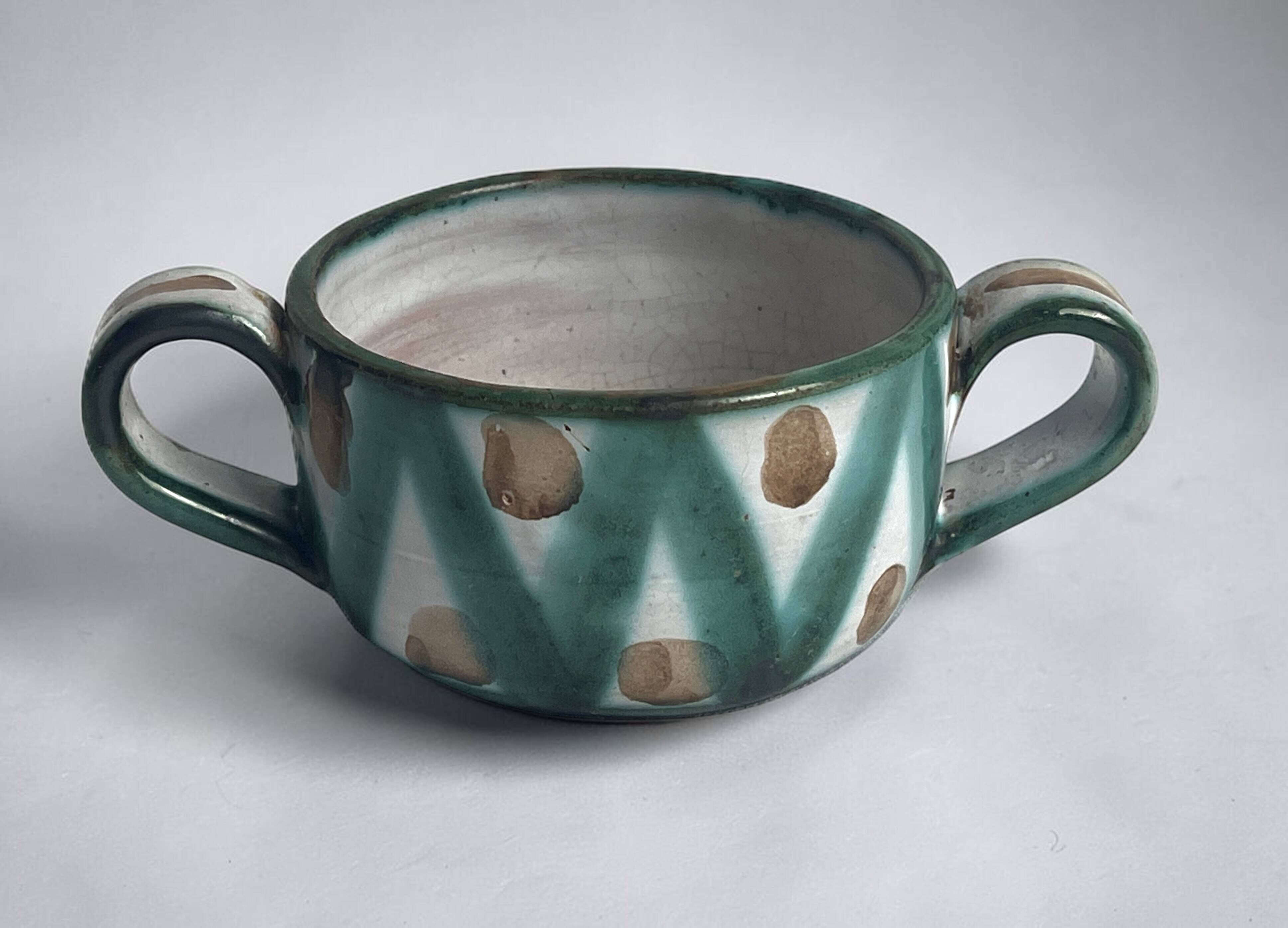 Robert Picault, bowl with two handles, polychrome earthenware, 20th century.