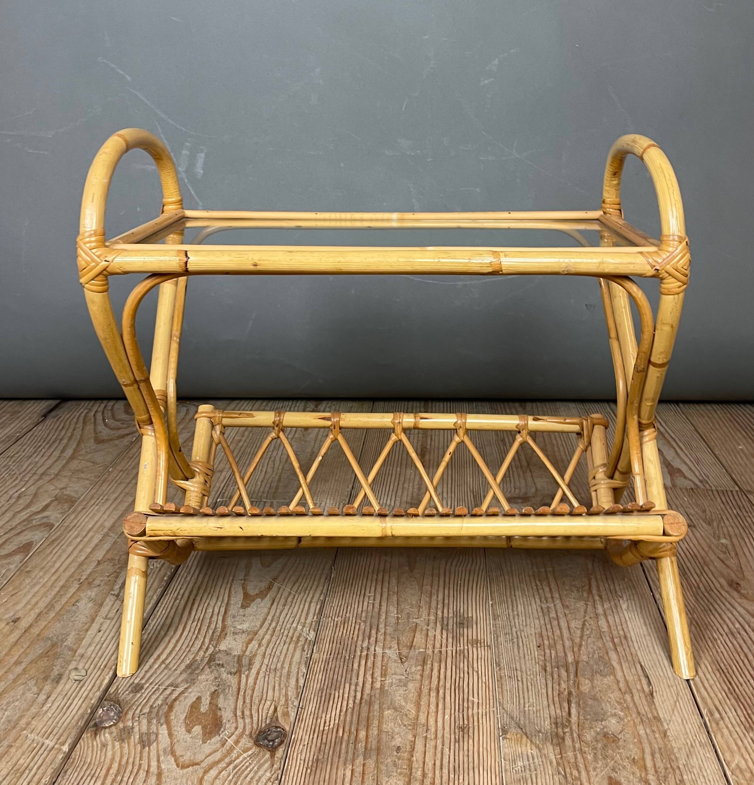 Rattan and glass end table 1960s