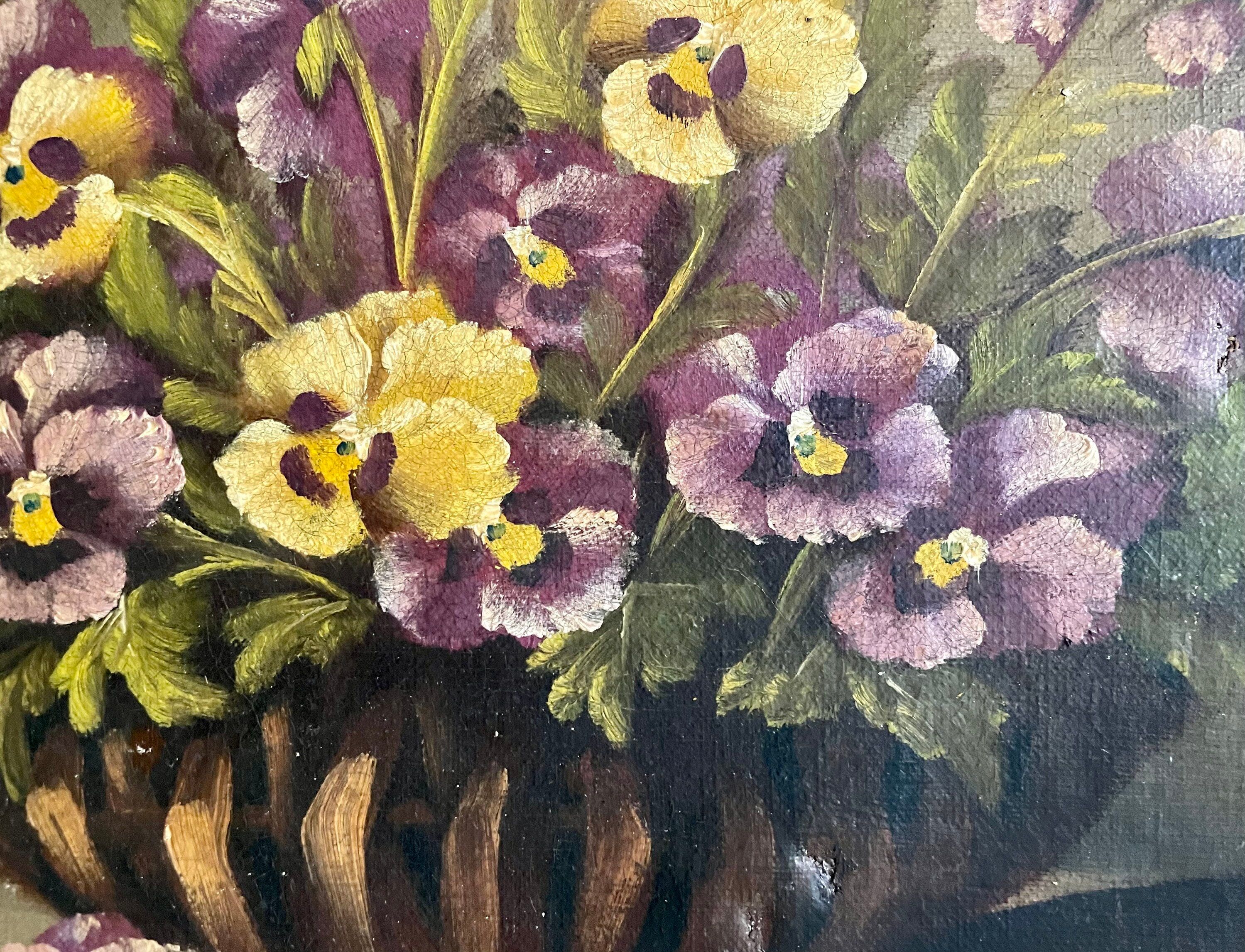 Peinture à l’huile du XIXème siècle sur toile nature morte avec vase de pensées antique vintage original