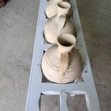 Antique painted wooden jar holder with 4 earthenware jars