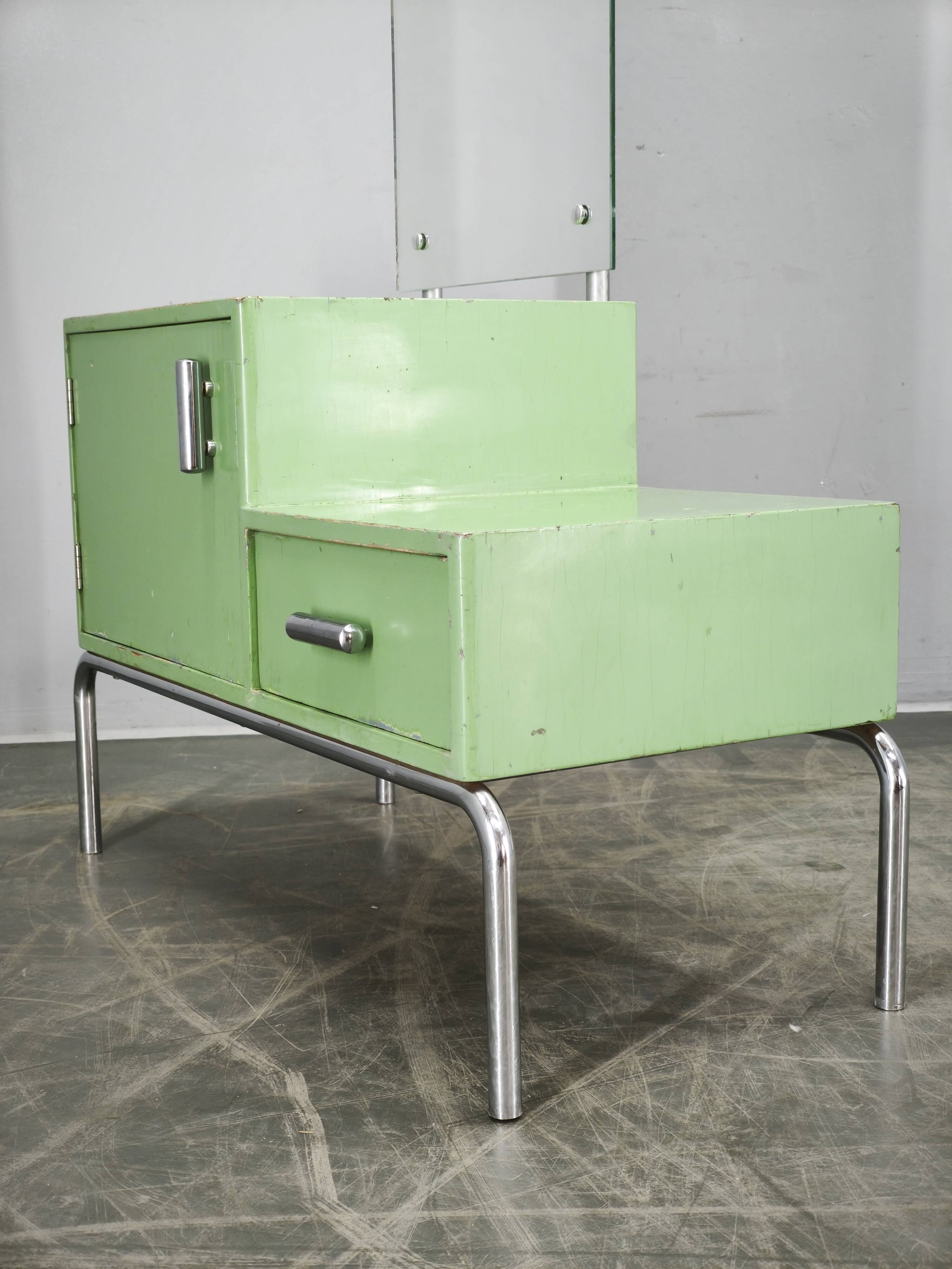 Bauhaus Czech Green Vanity Table with Mirror and Chrome Frame, 1930s