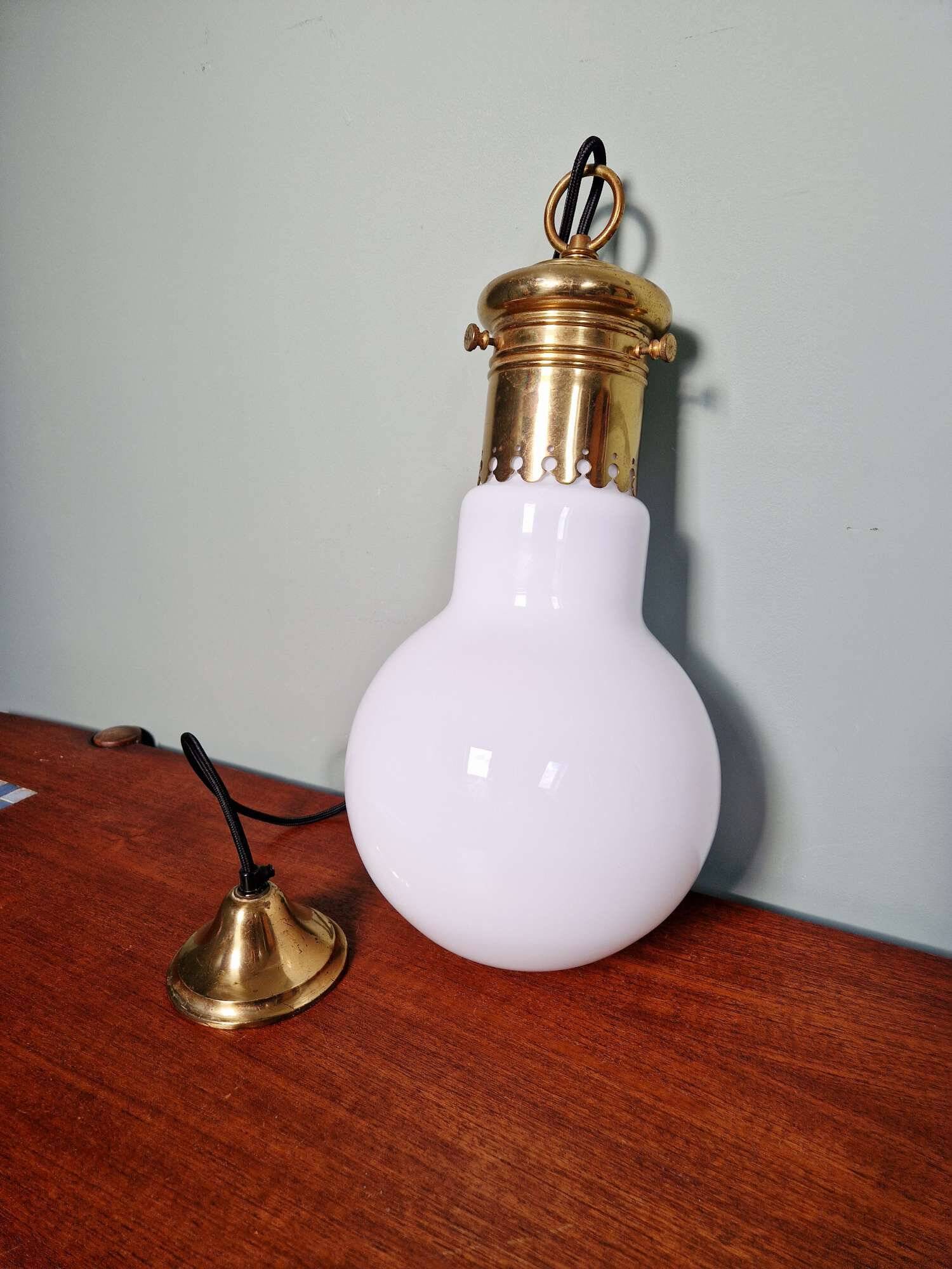 Large bulbous pendant light in white opaline and brass