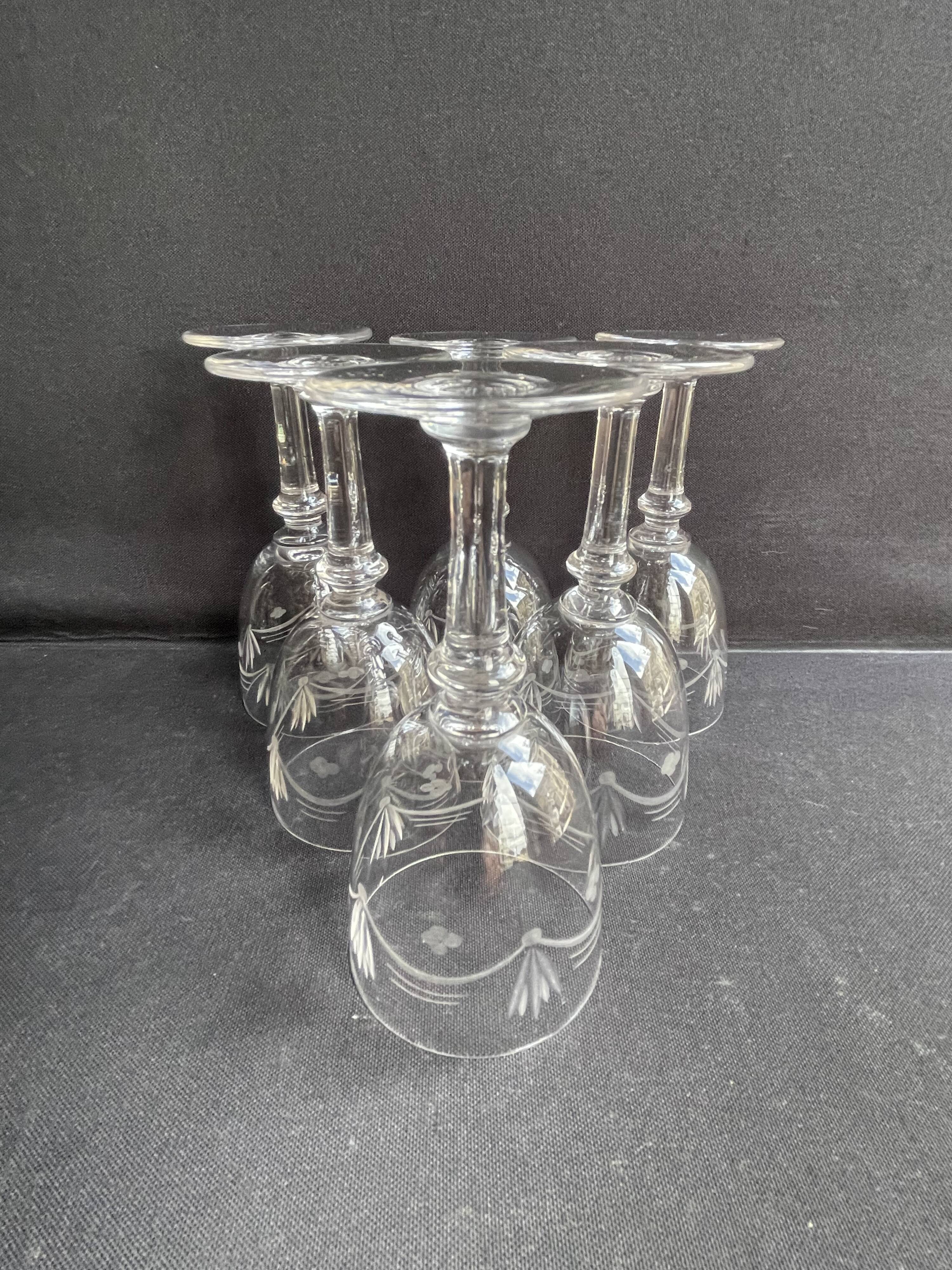 6 White wine or port glasses in blown, cut and engraved crystal