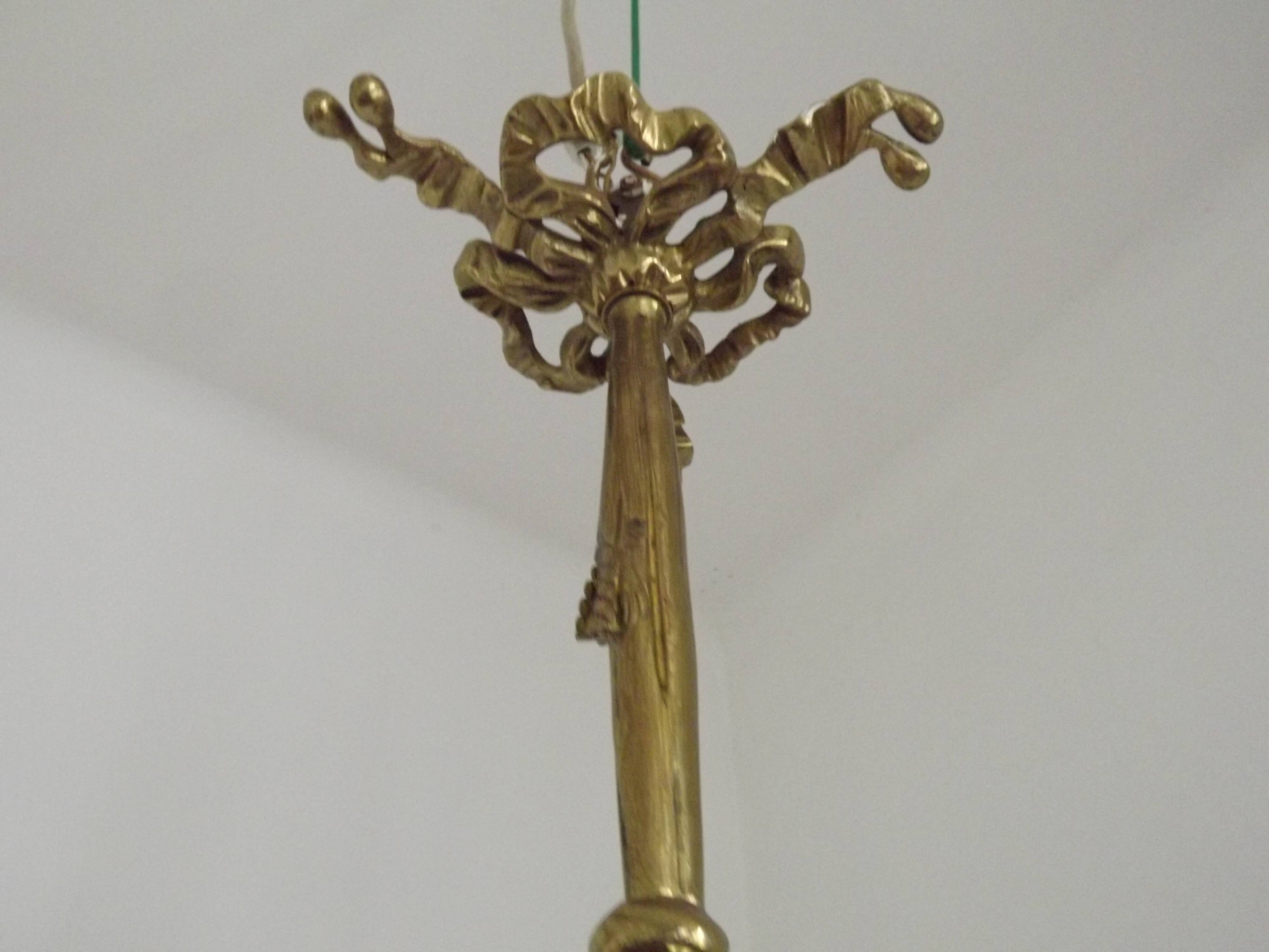 French Antique Late 1800s 3-Light Gilt Bronze Chandelier Art Glass Shades 5089