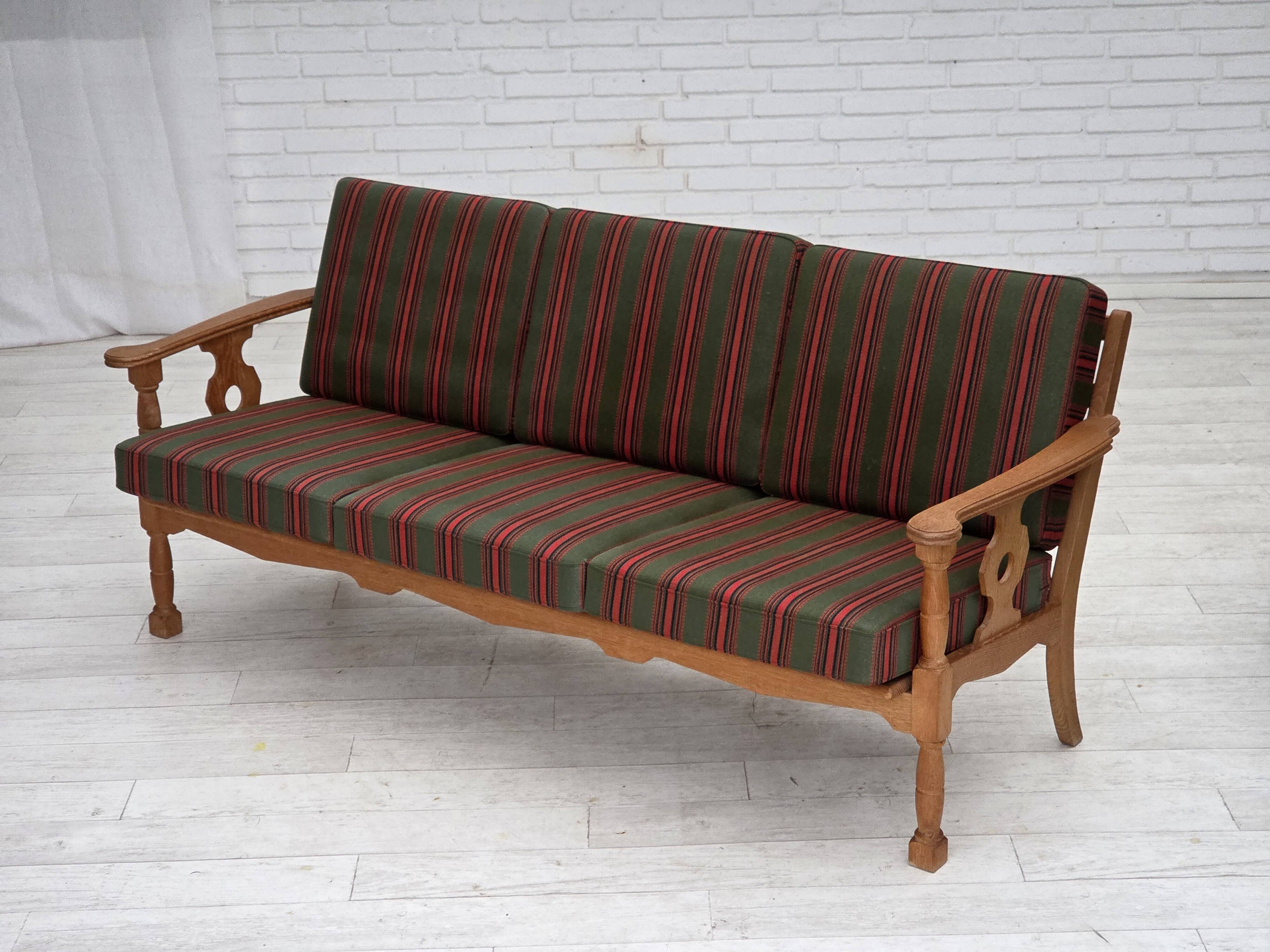 1970s, Danish 3-seater sofa, green furniture wool, oak wood.
