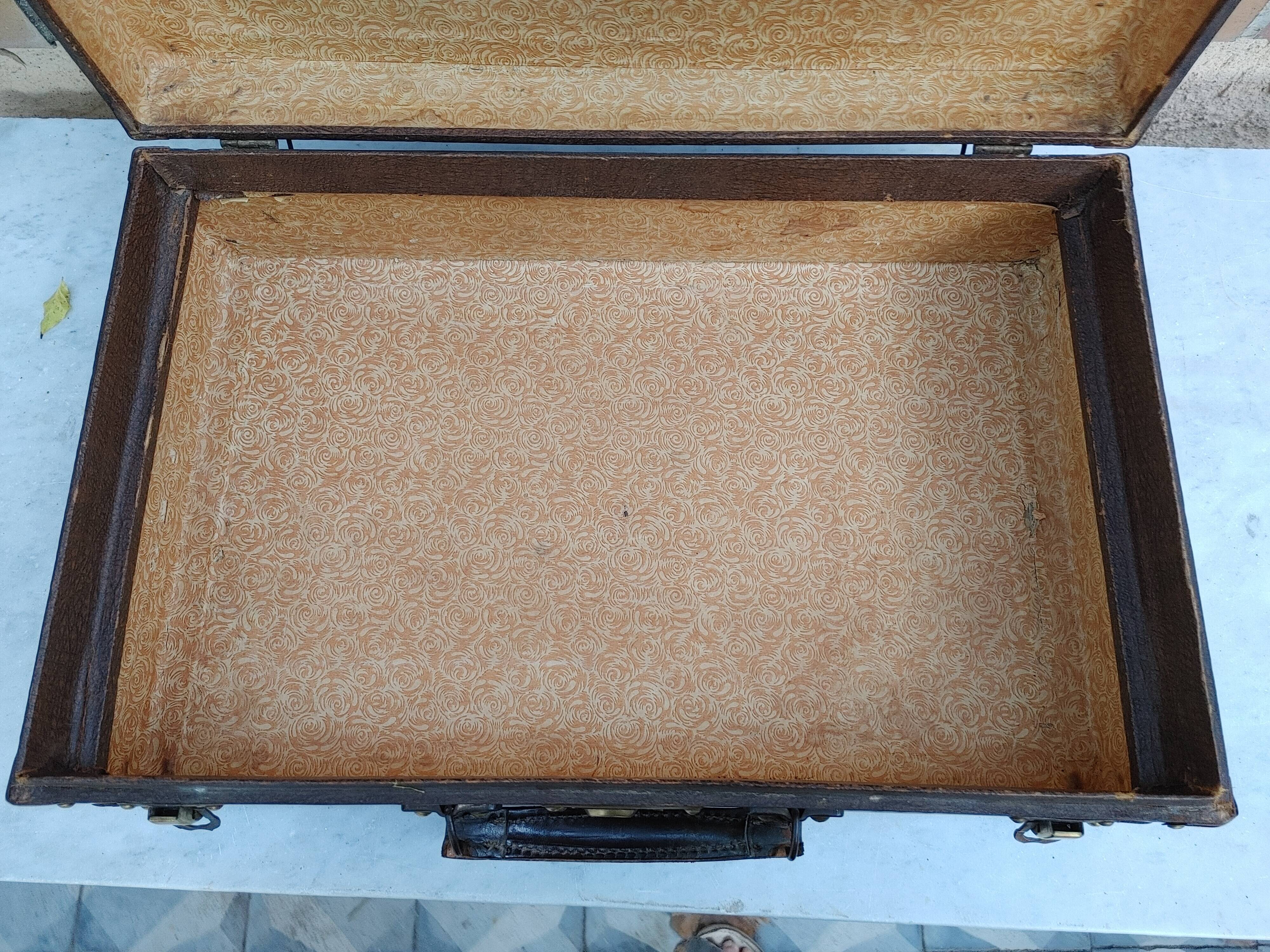 Old suitcase wood canvas leather & brass