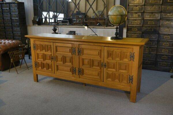 Large 4-door sideboard in solid oak and wrought iron, rustic style, 1960s