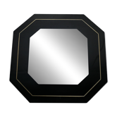 70s mirror, black lacquered wood, brass edging. Octagonal