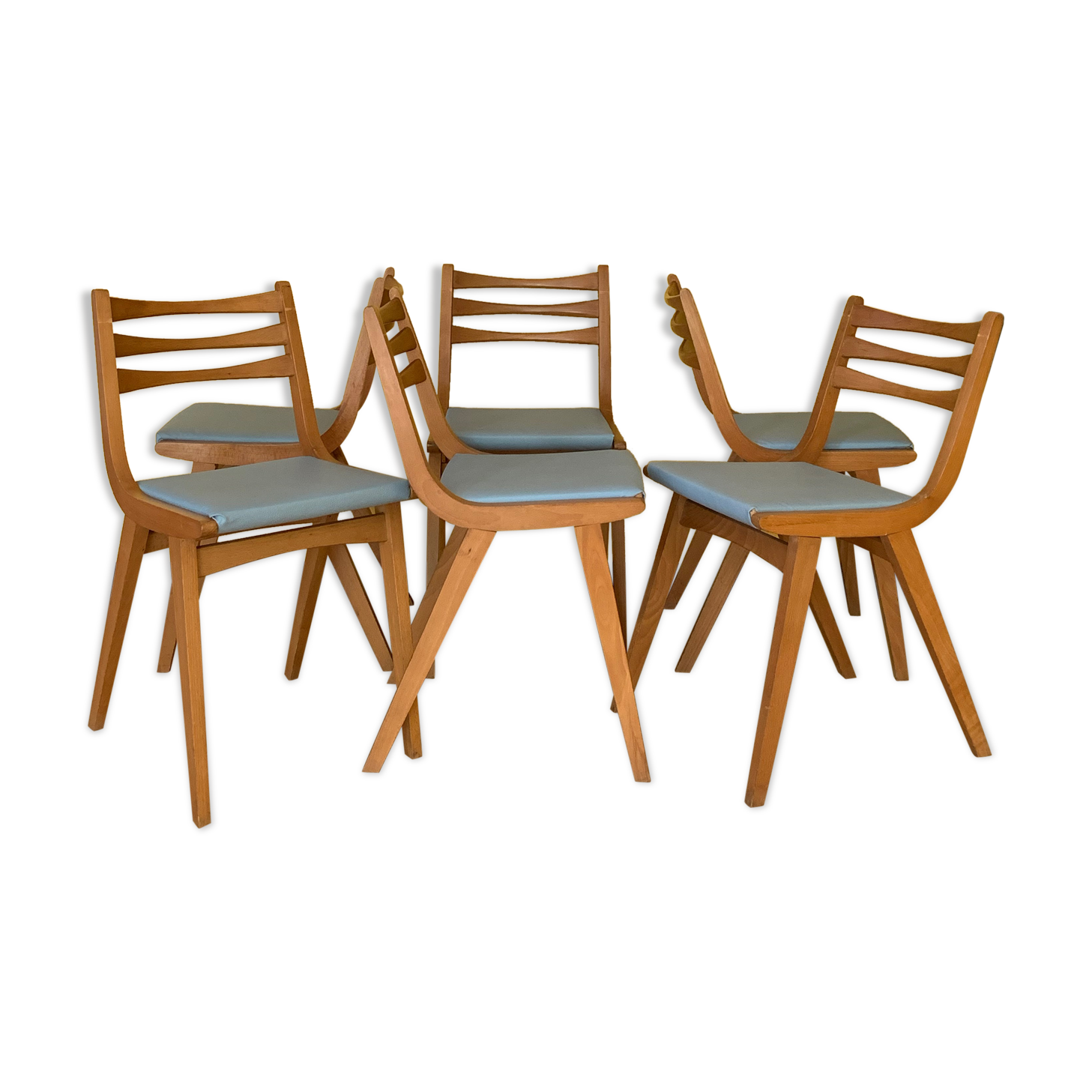 Chaises vintage en bois et skaï bleu scandinave 1950