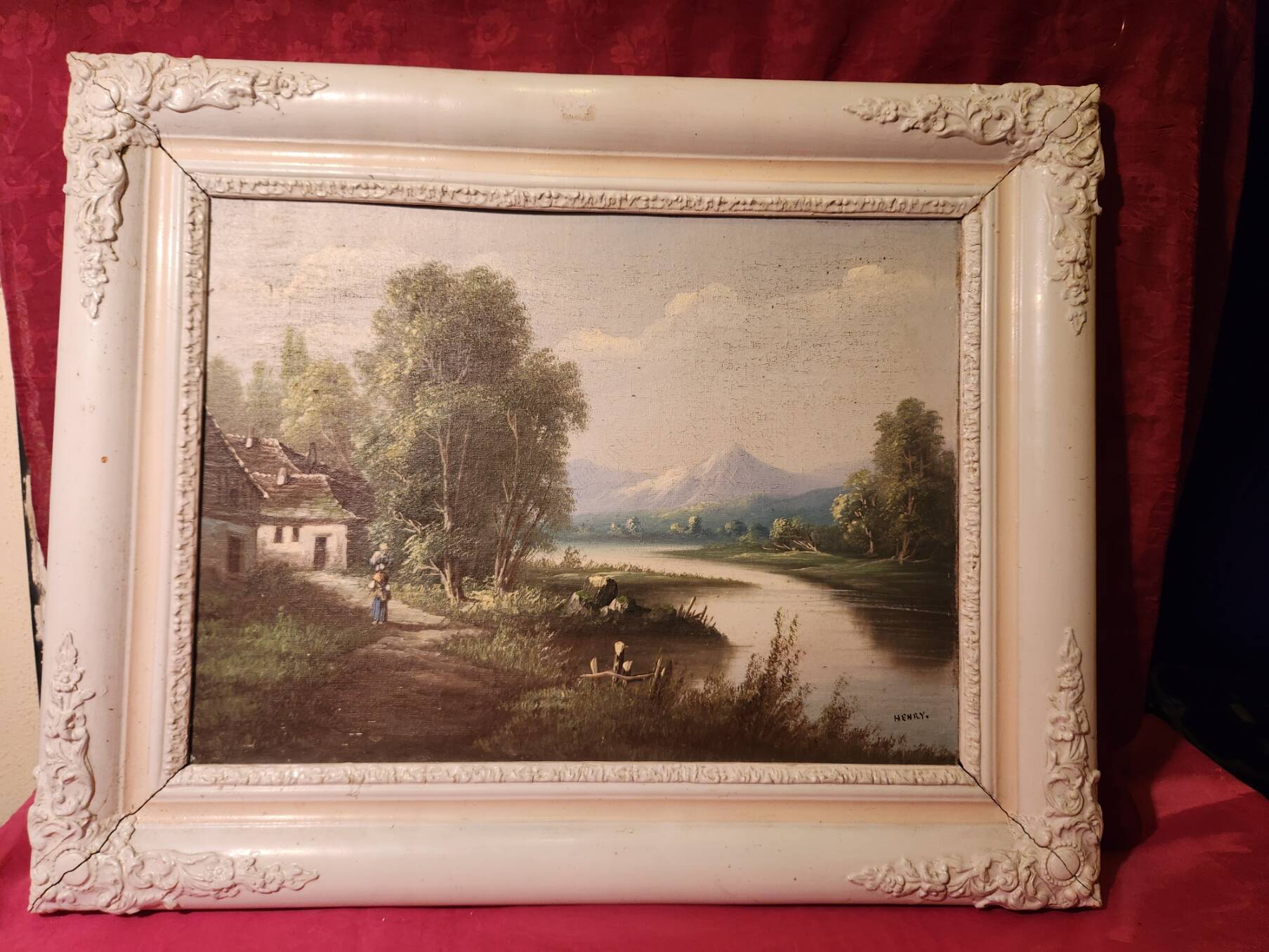Old painting Oil on canvas Animated lake landscape signed Henry
