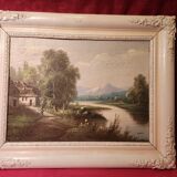 Old painting Oil on canvas Animated lake landscape signed Henry