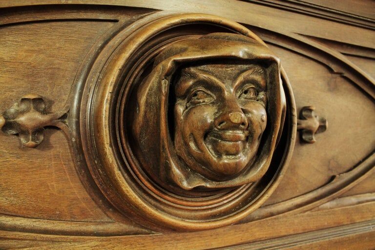 Gothic fireplace, wood, salamander motif, witch and hermitage