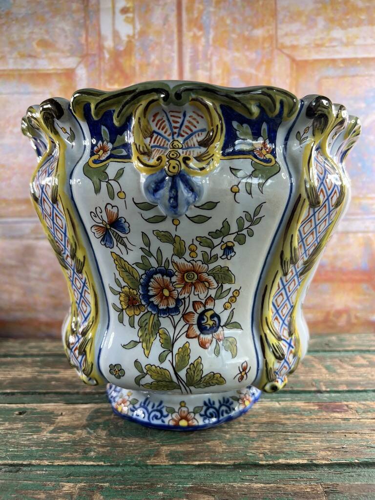 Polychrome French earthenware planter – Floral and butterfly decoration