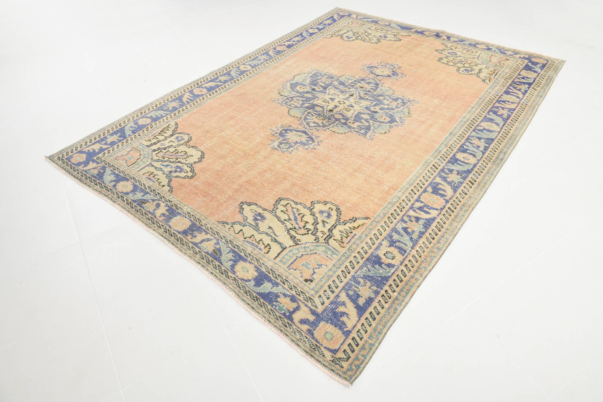 Samon & Blue Luxury Vintage Rug, Large Area Vintage Persian Rug, 218x302 Cm