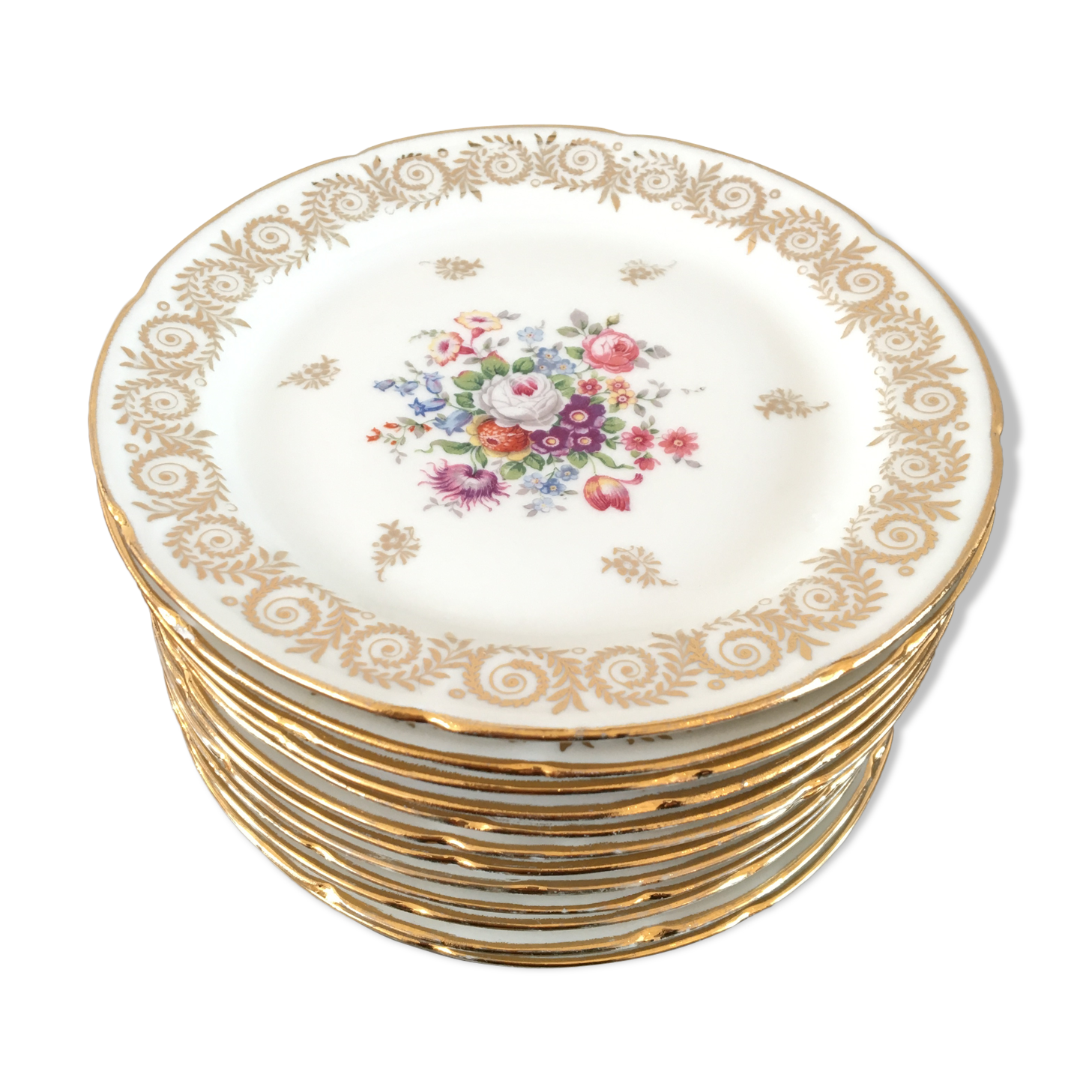 Set 12 assiettes dessert porcelaine fleurs et dorure