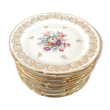 Set 12 assiettes dessert porcelaine fleurs et dorure