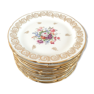 Set 12 assiettes dessert porcelaine fleurs et dorure