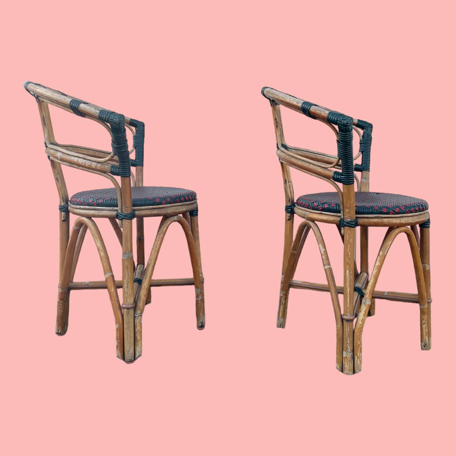 Pair of bistro chairs in bamboo and two-tone weaving