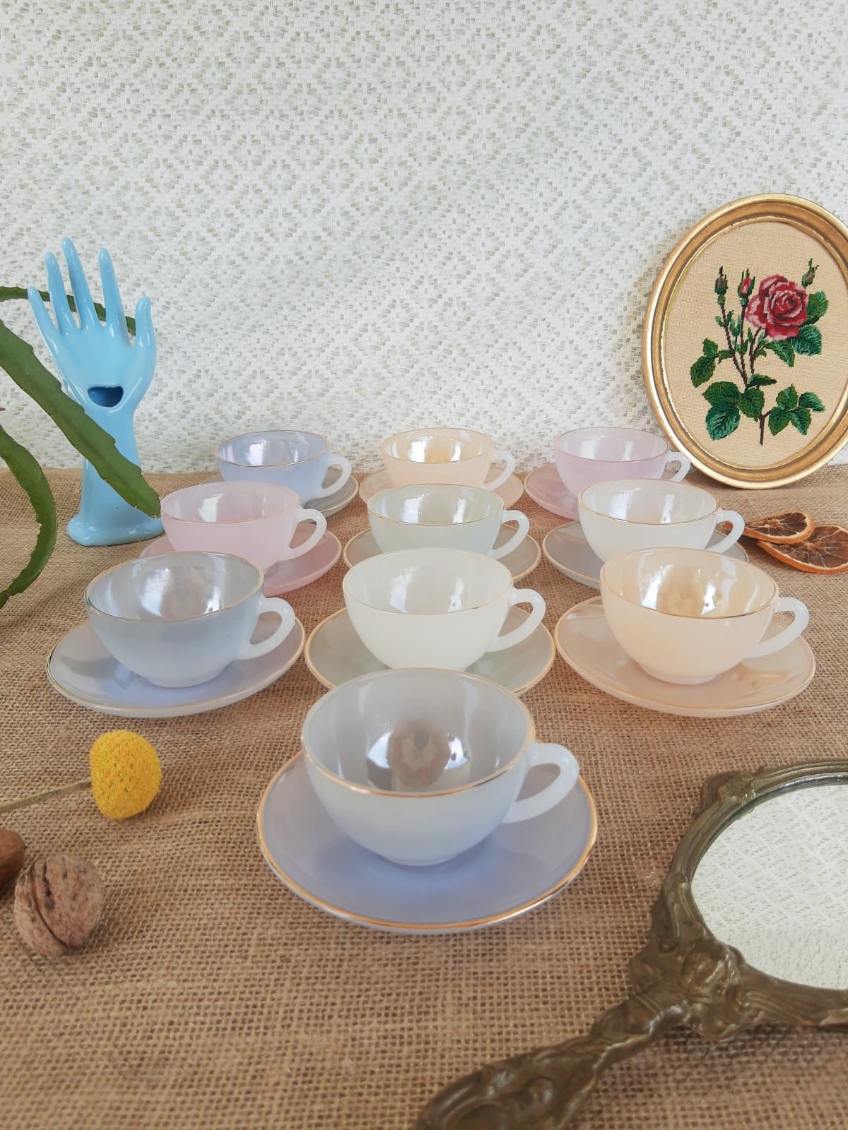 Set of 10 cups and under cups harlequin Arcopal France - vintage