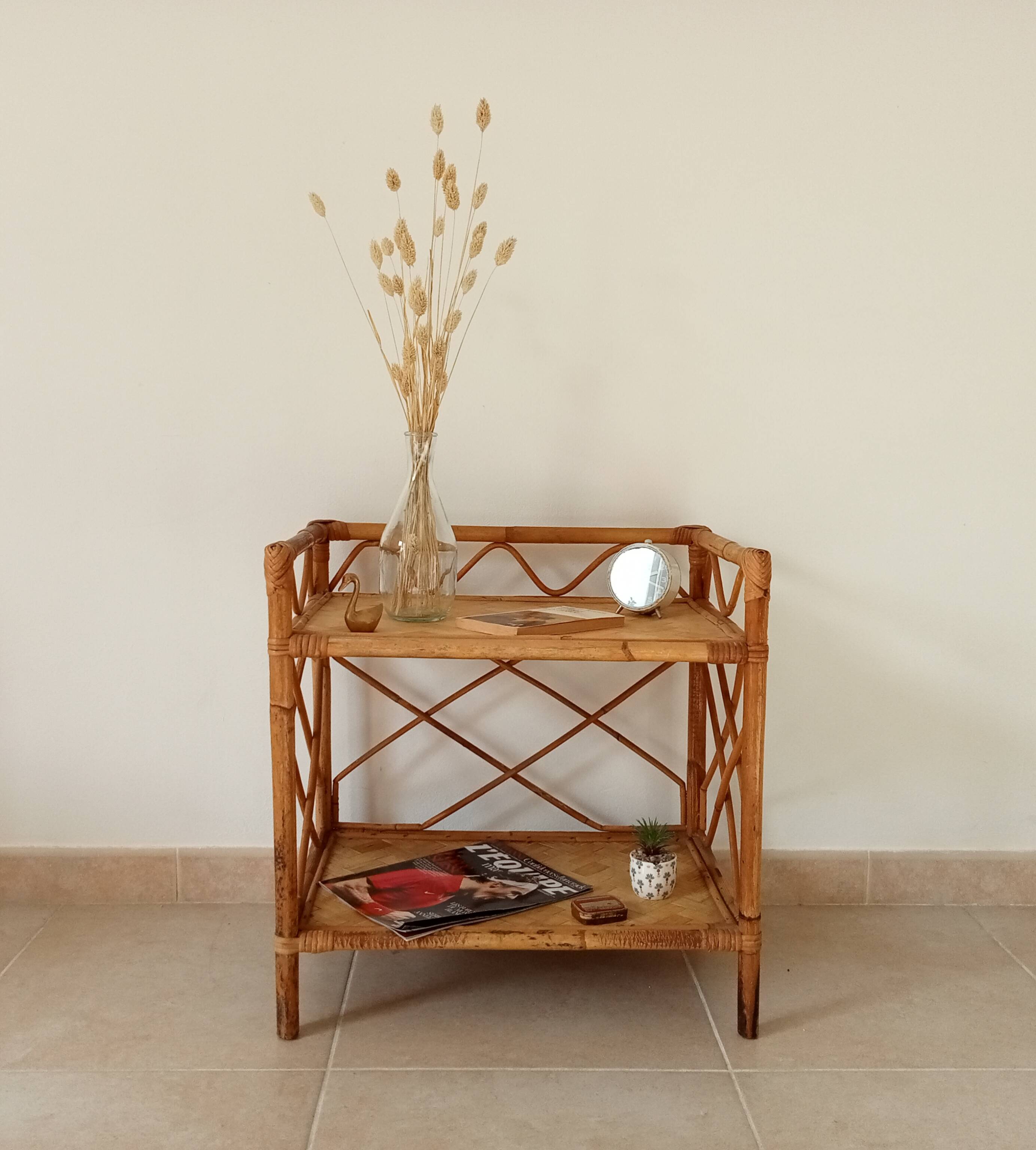 Bamboo and rattan shelf side table by Audoux and Minnet 1950s