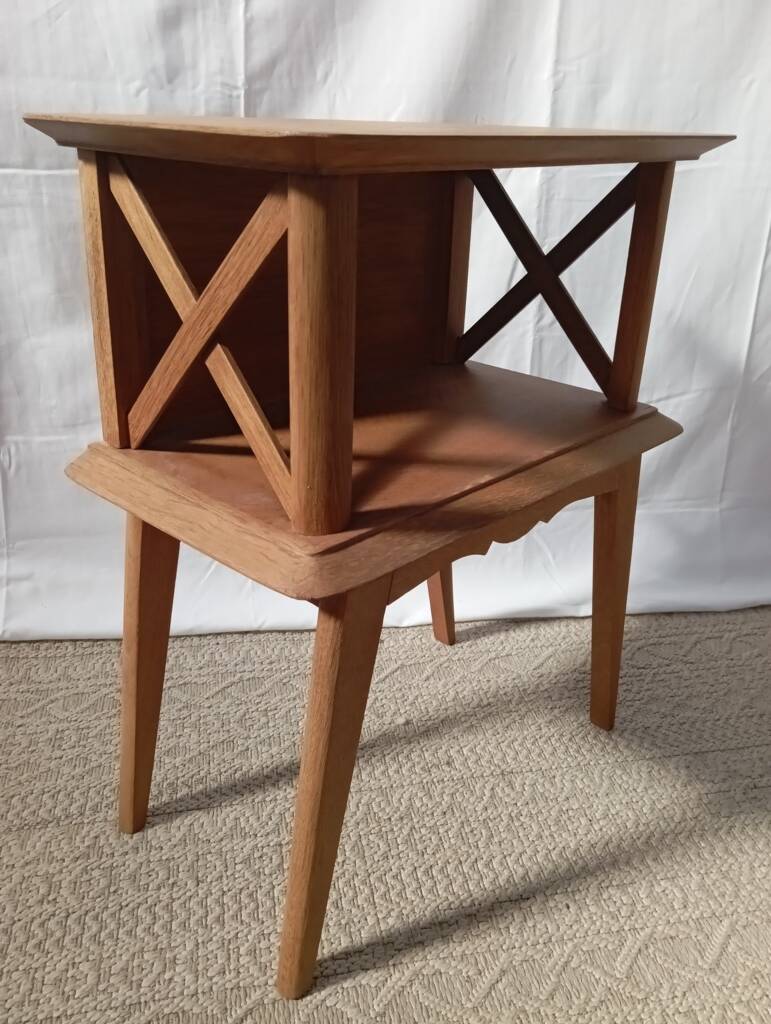1950s oak bedside table with crossbars