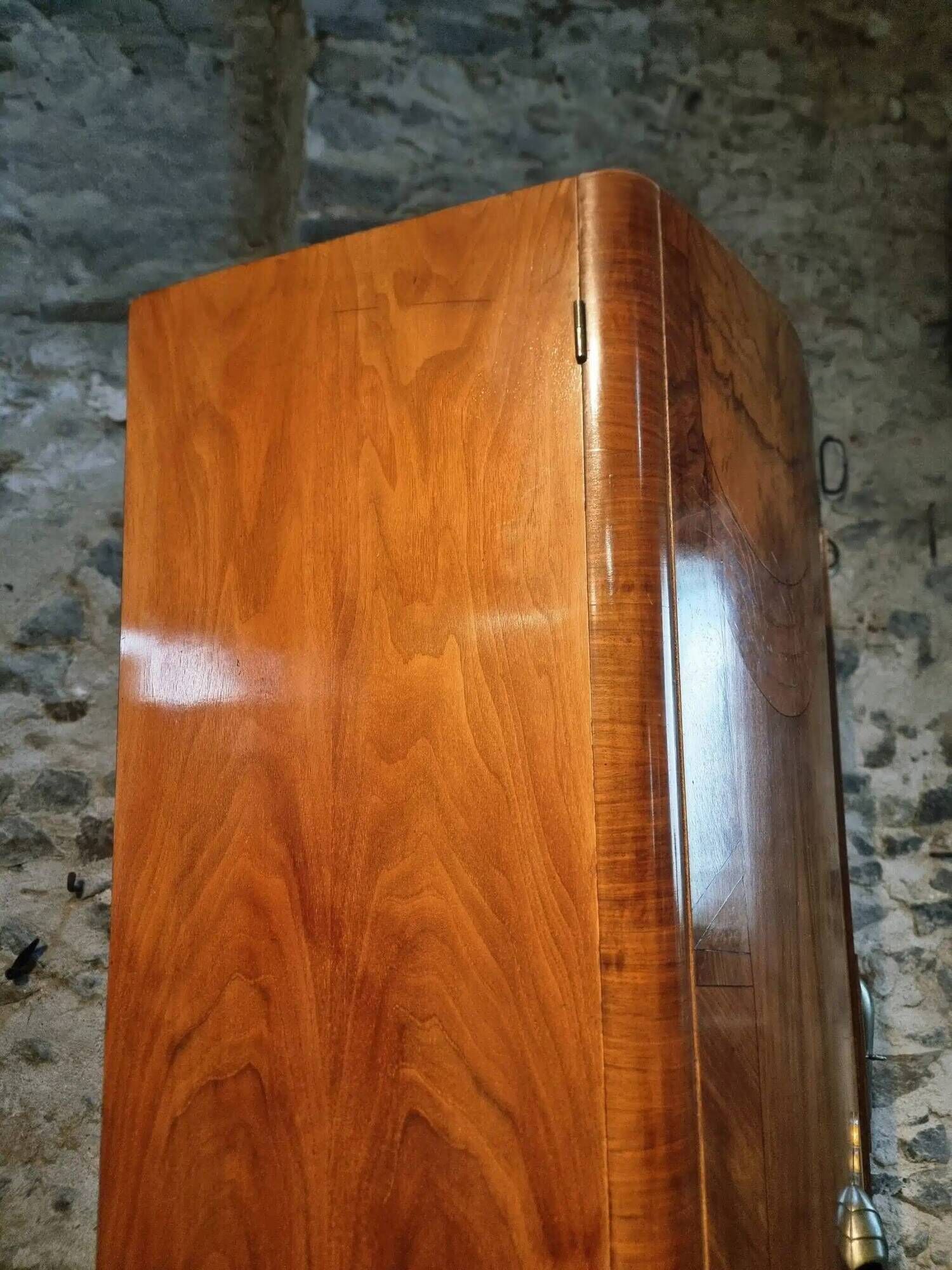 French Art Deco walnut wardrobe with mirror, 1930s