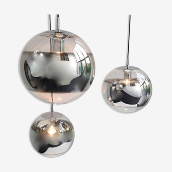 Set de 3 lampes à suspension globe en verre miroir, 1960s