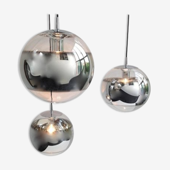 Set of 3 Mirror Glass Globe Suspension Lamps, 1960s