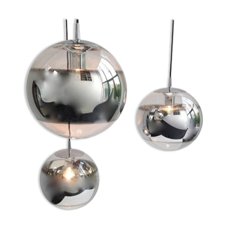 Set of 3 Mirror Glass Globe Suspension Lamps, 1960s