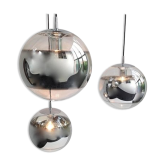 Set de 3 lampes à suspension globe en verre miroir, 1960s