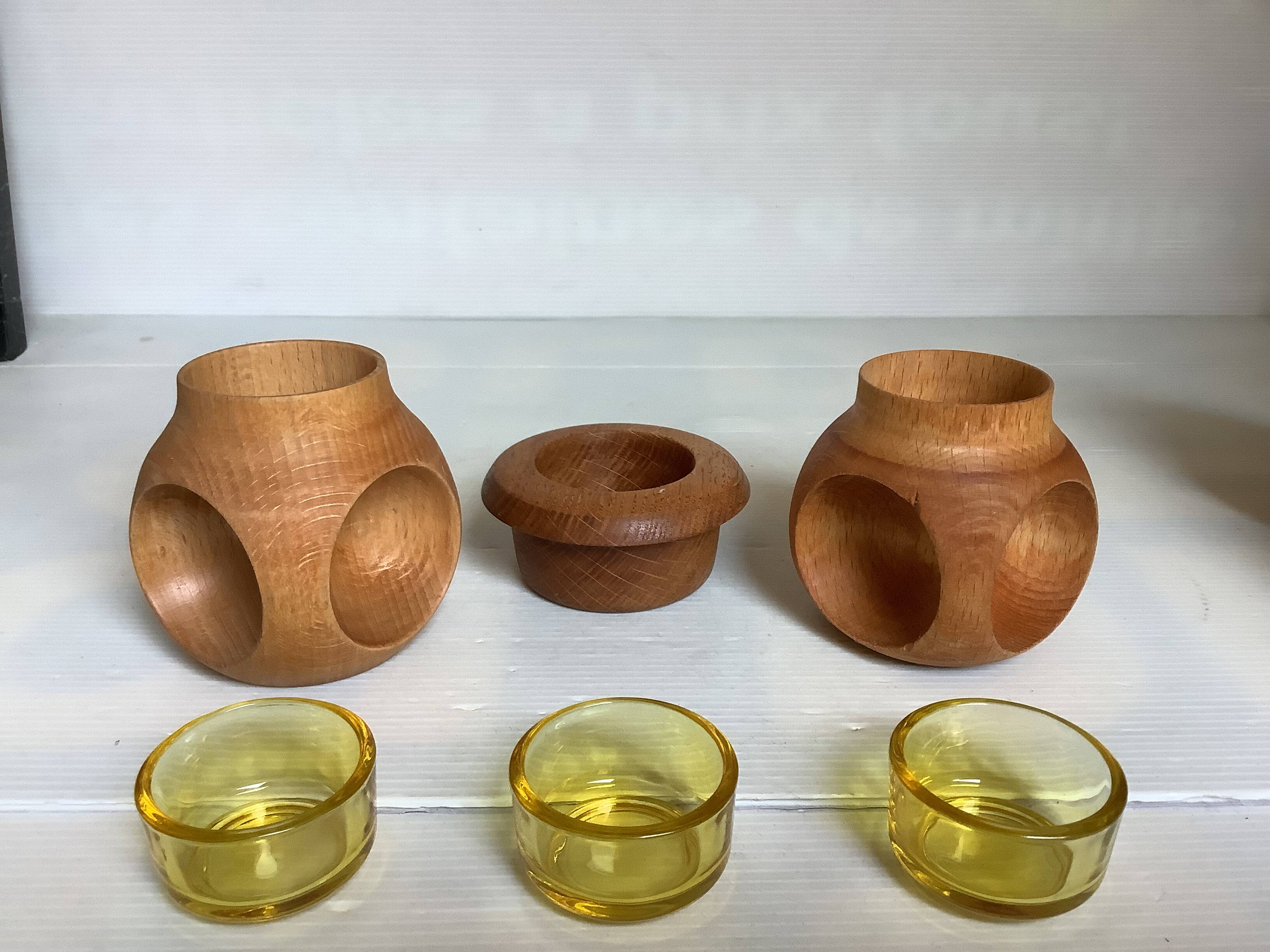 6 candle holders and a wooden vase Nopjes woodturning handmade