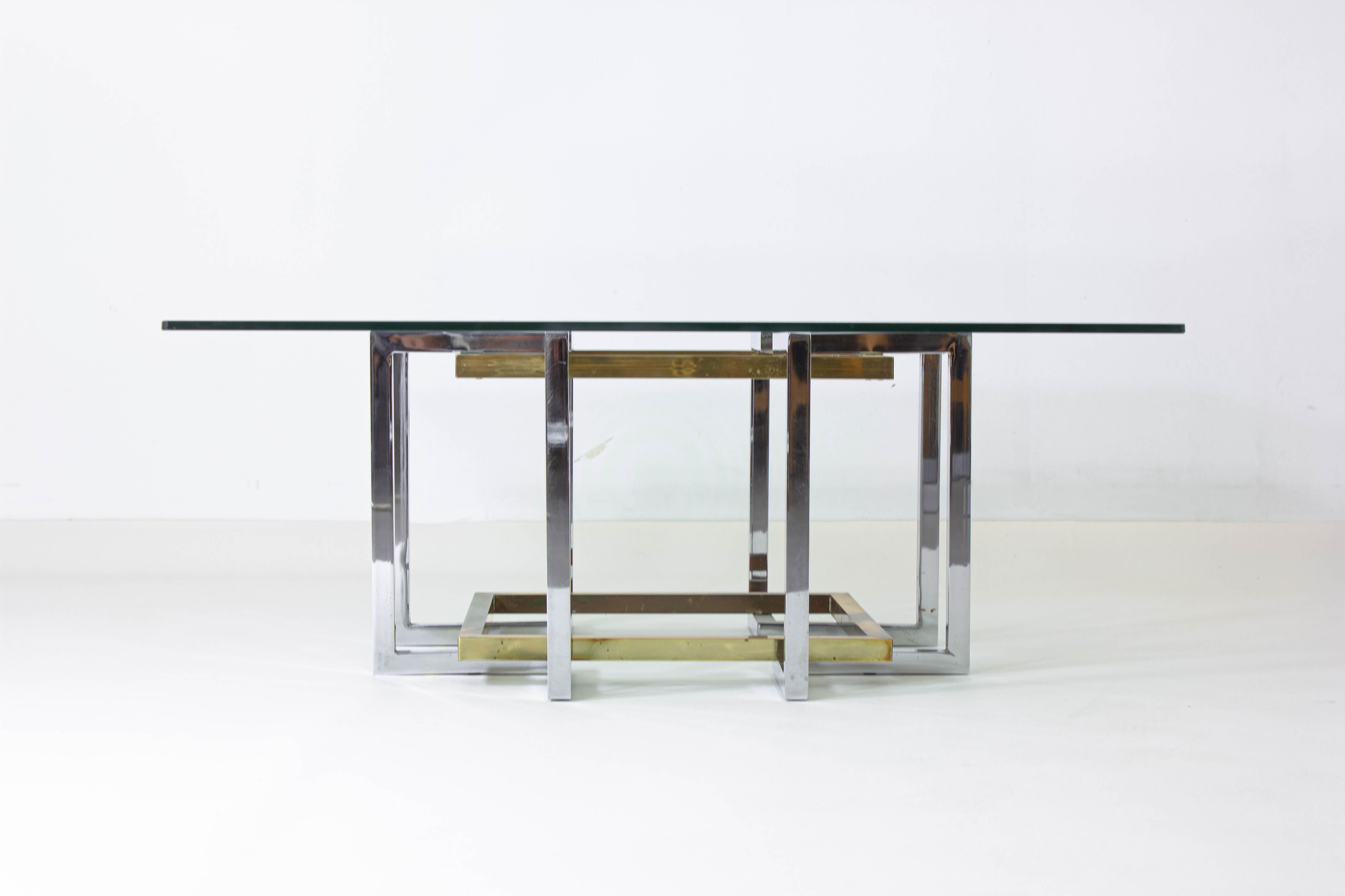 Geometrical brass & chrome coffee table, Belgium 1970s