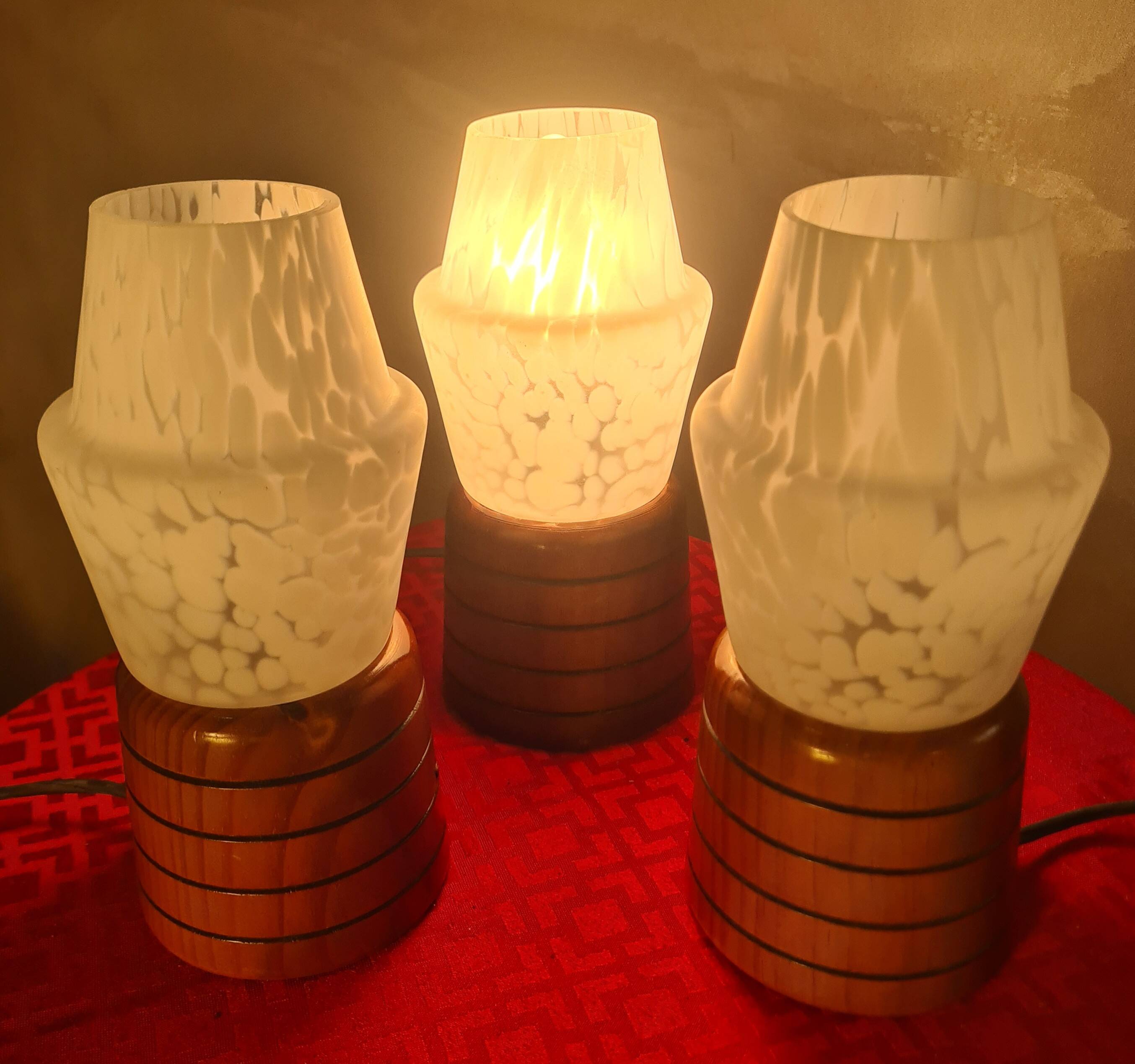 three Scandinavian bedside lamps, turned wood and glass, Clichy 20x9, electric ok