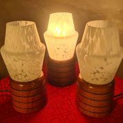 three Scandinavian bedside lamps, turned wood and glass, Clichy 20x9, electric ok