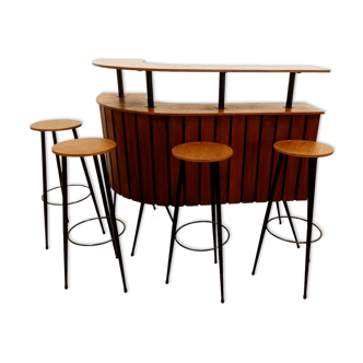 Vintage teak bar with compass legs and 4 stools