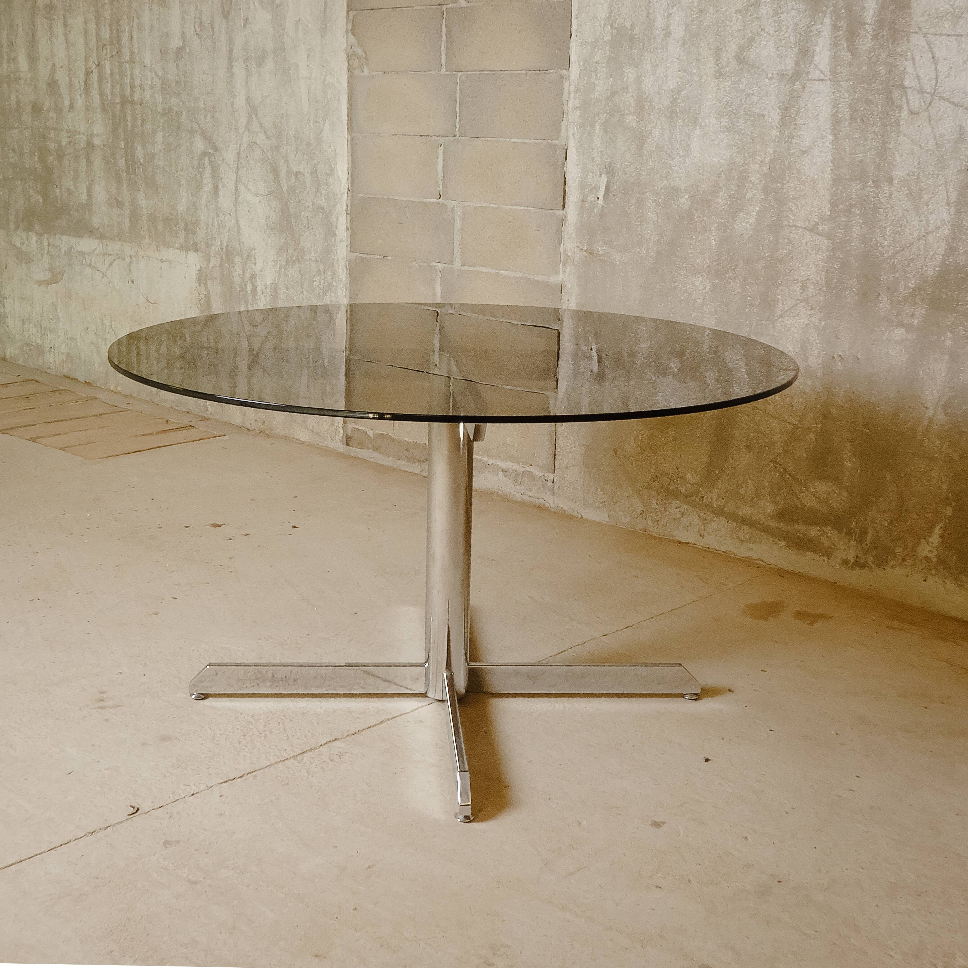 Roche Bobois - Round dining table in smoked glass and chromed steel - c 1975