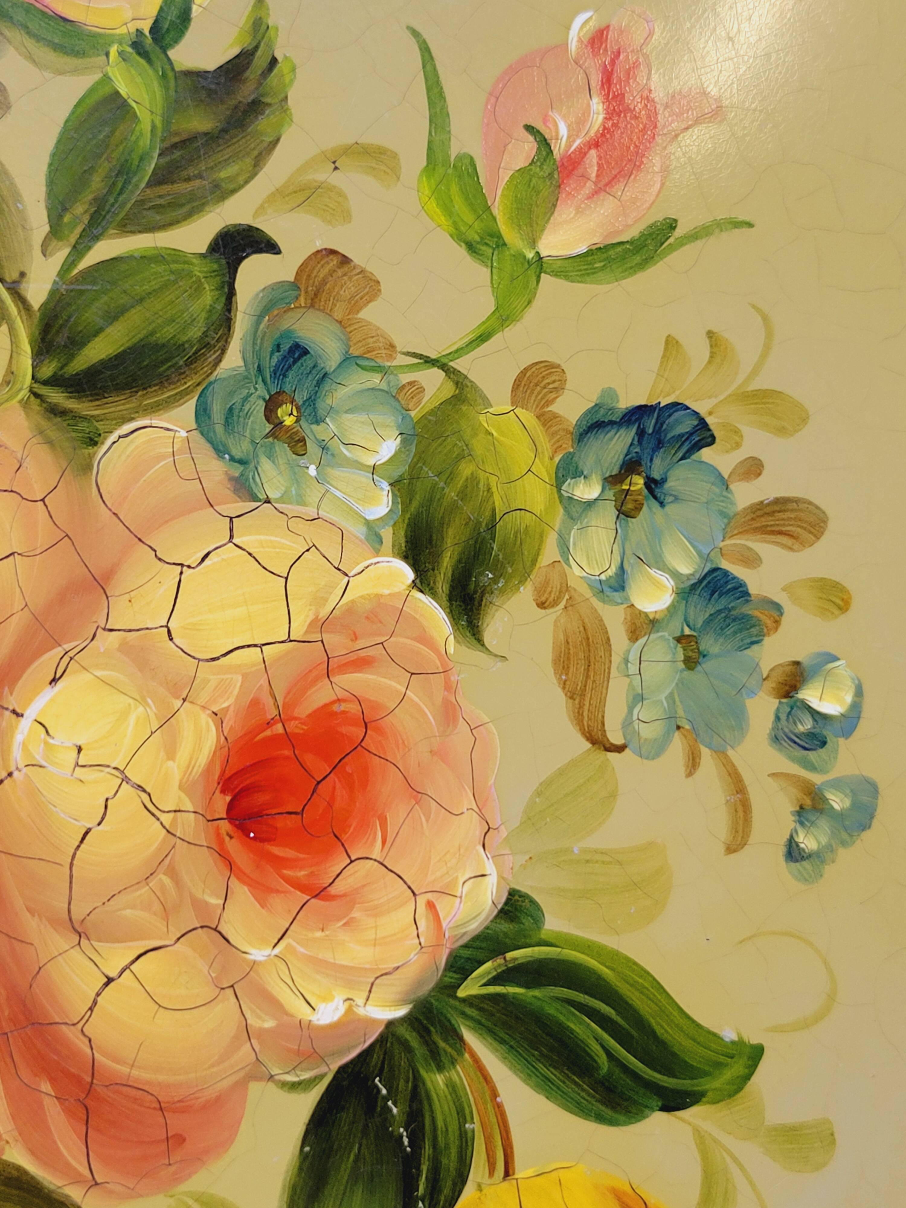 Napoleon III Painted Sheet Metal Tray Painted Metal Floral Decor Diameter 44.5