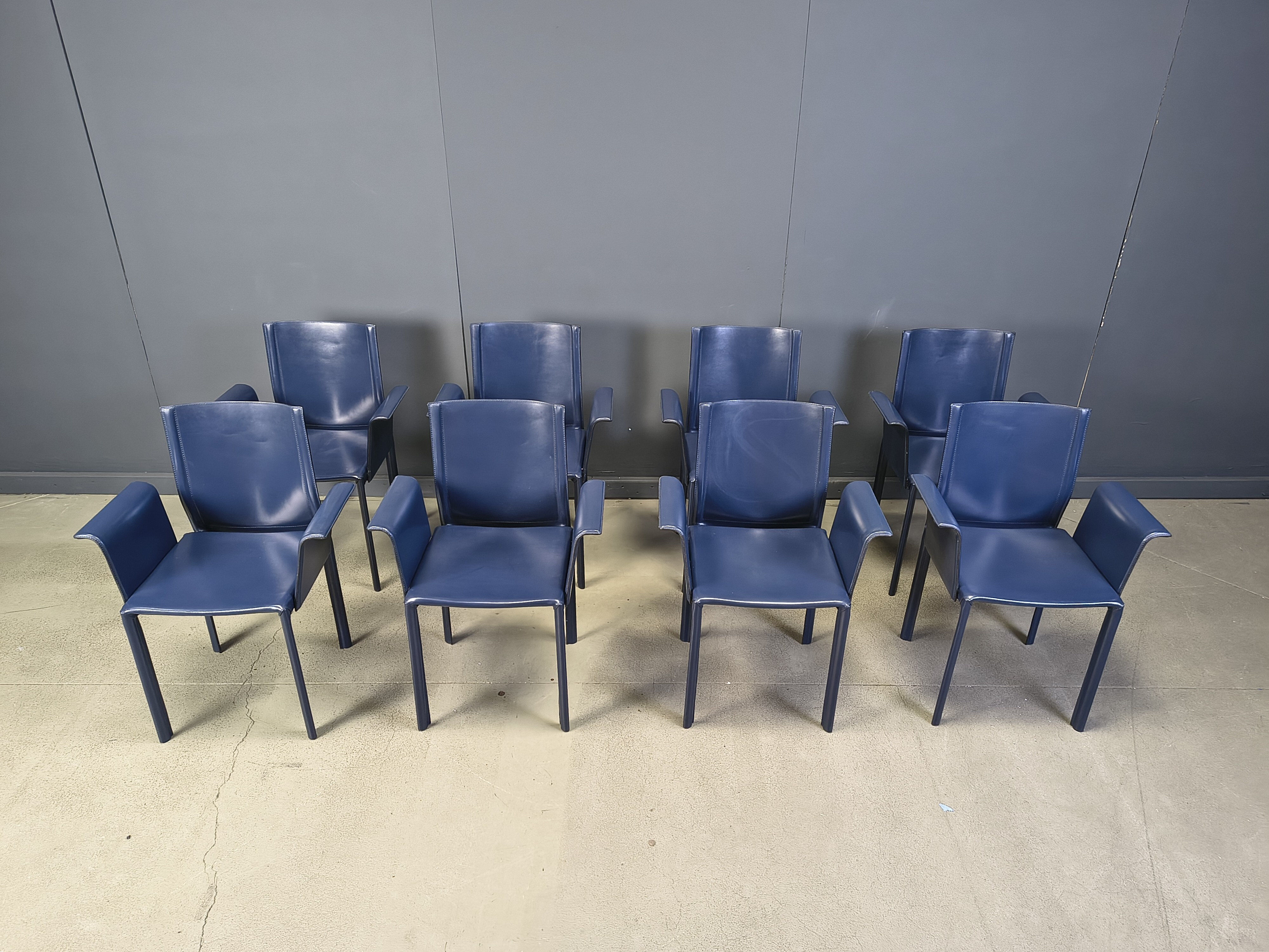 Postmodern blue leather dining chairs Italy, 1980s set of 8