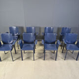Postmodern blue leather dining chairs Italy, 1980s set of 8